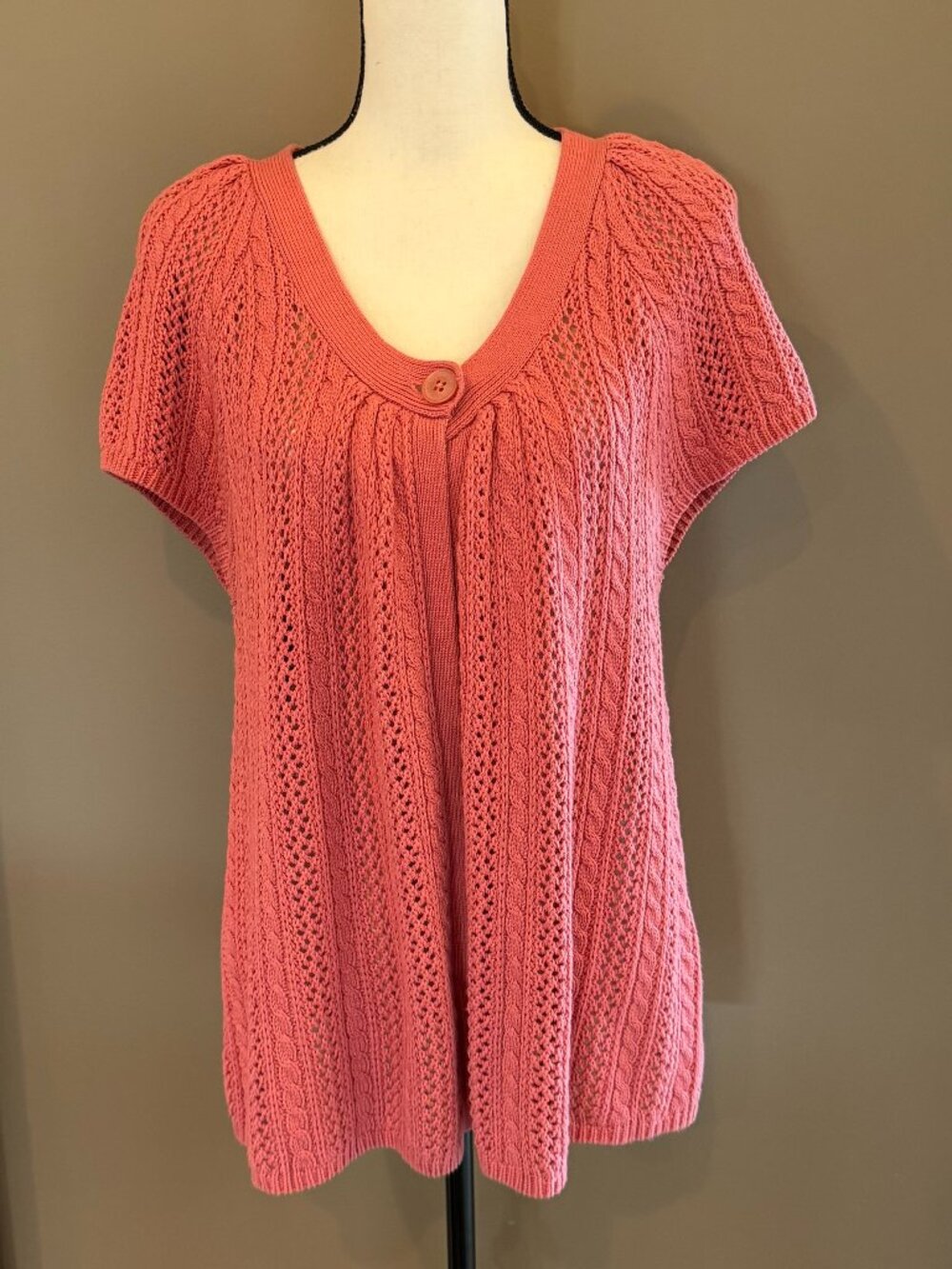Sonoma Coral Pink Open Front Knit Short Sleeve Cardigan Fall, Size XL